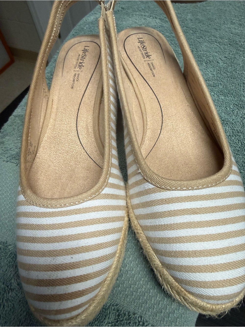 Life Stride Tan and White Striped Espadrille Slingbacks